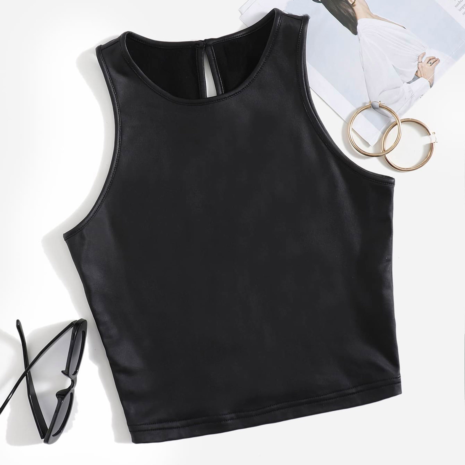 thumbnail image 2 of Camiseta sin mangas con tirantes de cuero brillante para mujer - Chaleco corto sexy, poliéster, para discoteca/casual - Tallas S-XL, múltiples ocasiones, 2 of 8
